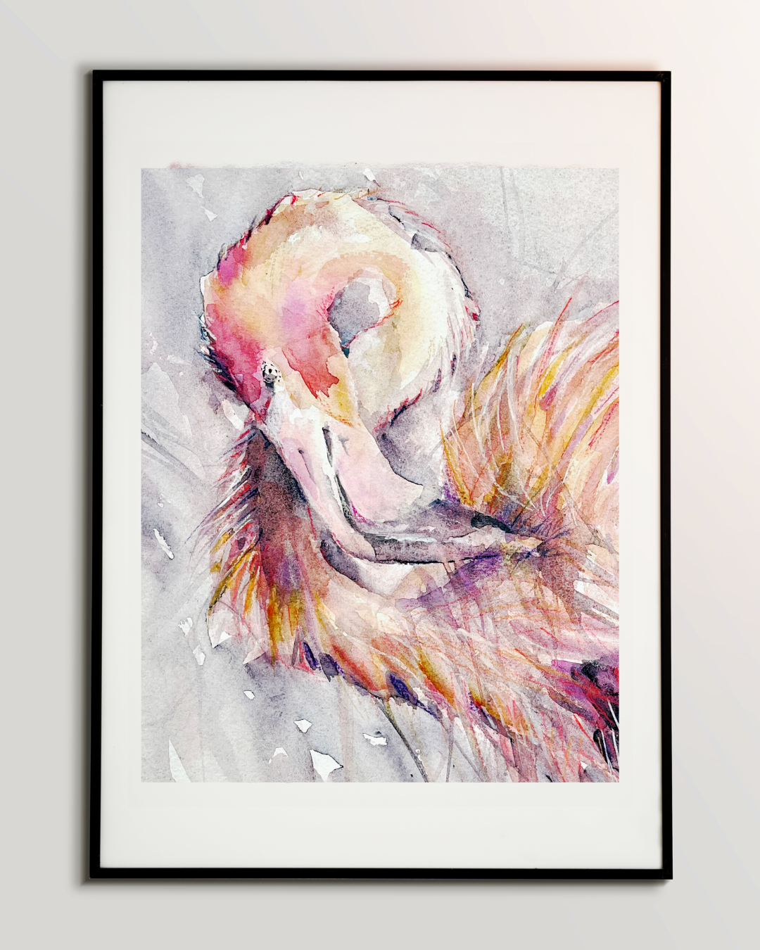 Preening Flamingo Watercolour Print